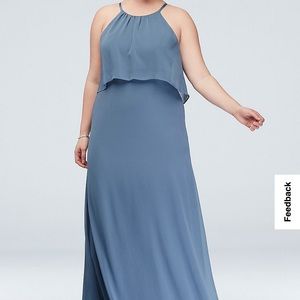 David's bridal flounced crinkle chiffon sheath bridesmaid dress- steel blue